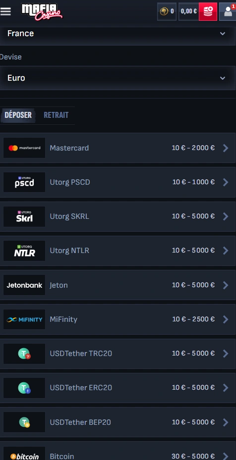 mafiacasino mobile payments page